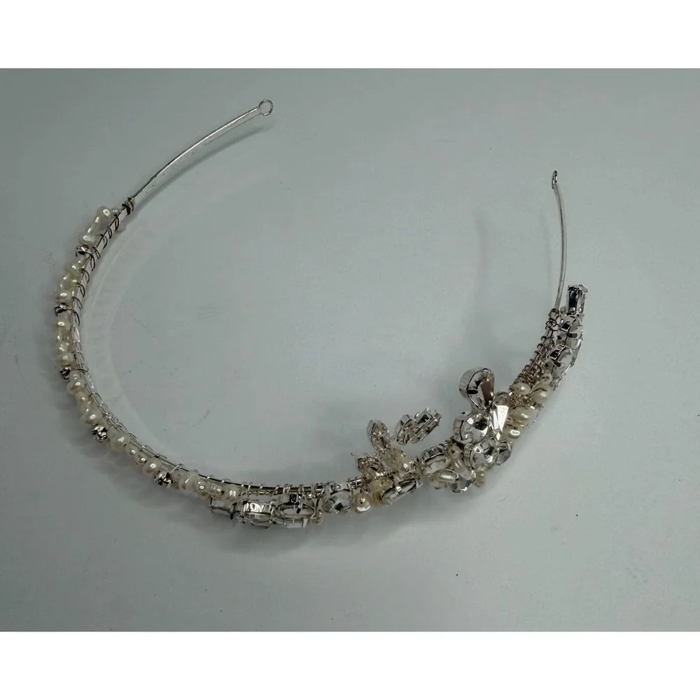 Bel Aire Bridal Tiara Headband Pearl Rhinestone Crystal Floral Wedding Silver